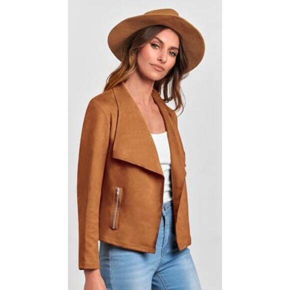 PRETTY‎ GARDEN Amazon Collared Neck Long Sleeve Suede Jacket Brown Small EUC! - Picture 1 of 7